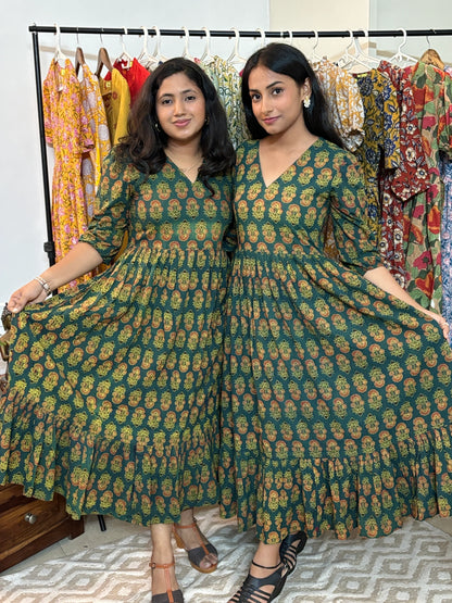 Green Ajrakh Hand Block PrintedTiered Dress