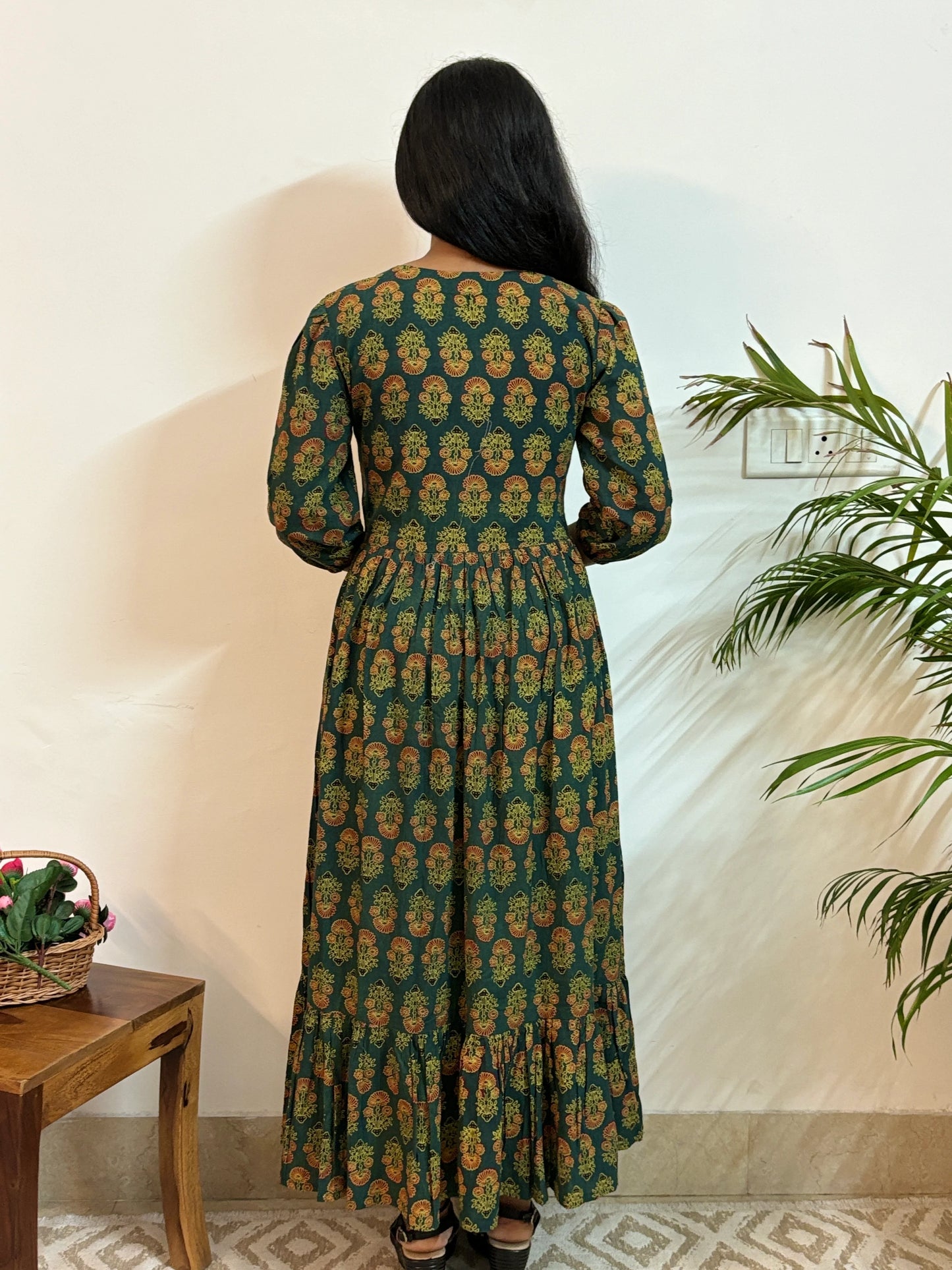 Green Ajrakh Hand Block PrintedTiered Dress