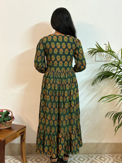 Green Ajrakh Hand Block PrintedTiered Dress