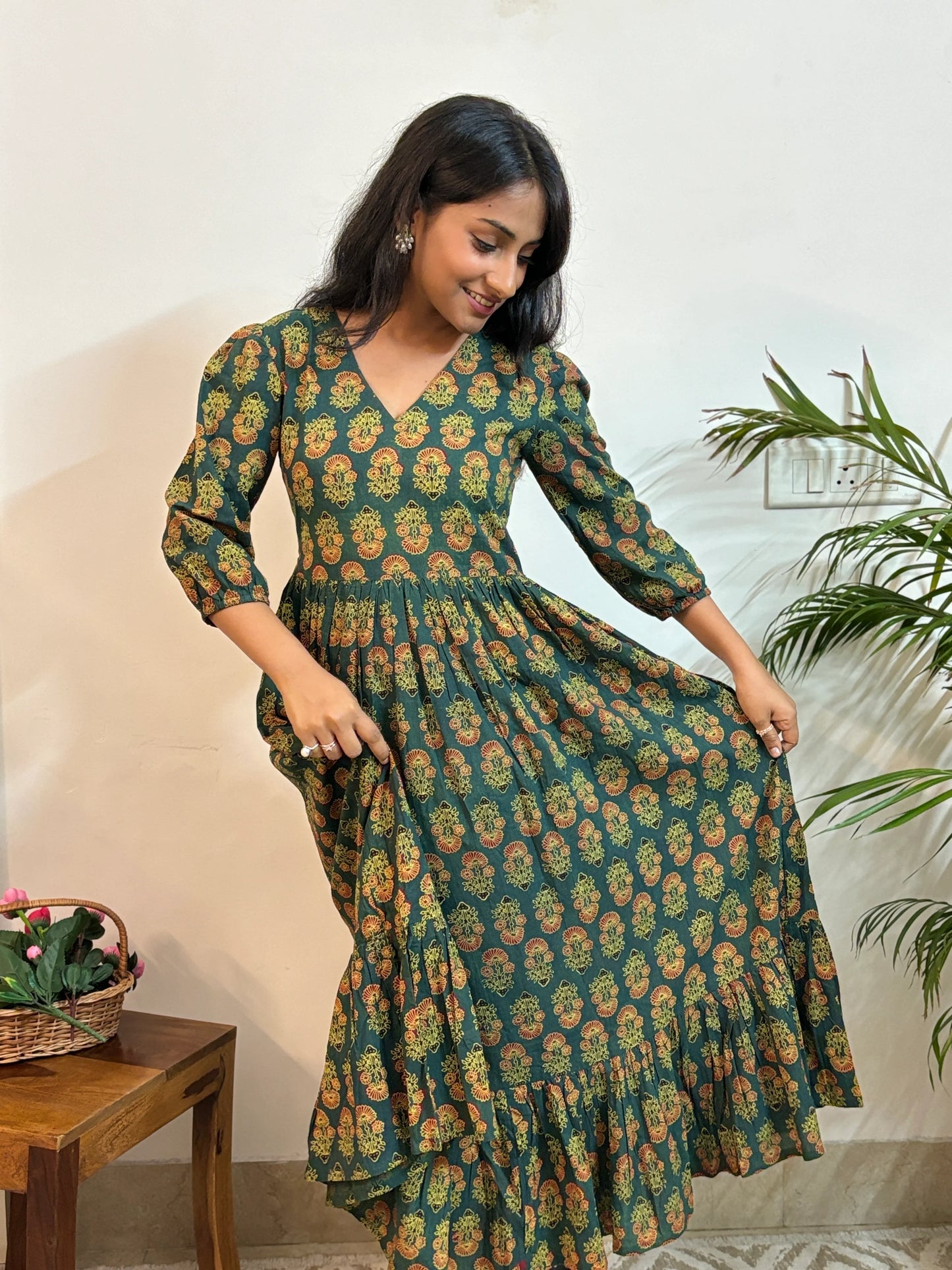 Green Ajrakh Hand Block PrintedTiered Dress