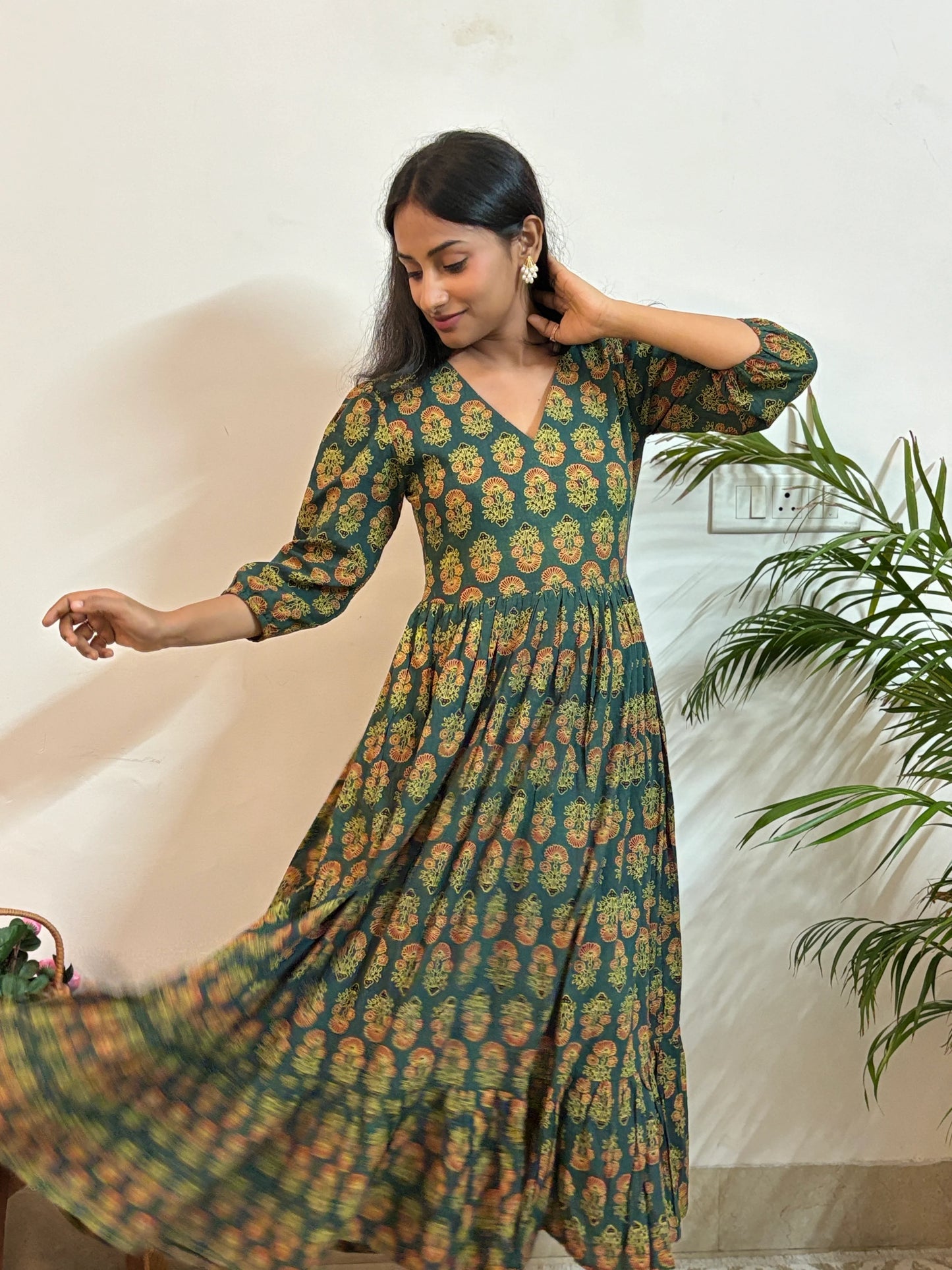 Green Ajrakh Hand Block PrintedTiered Dress