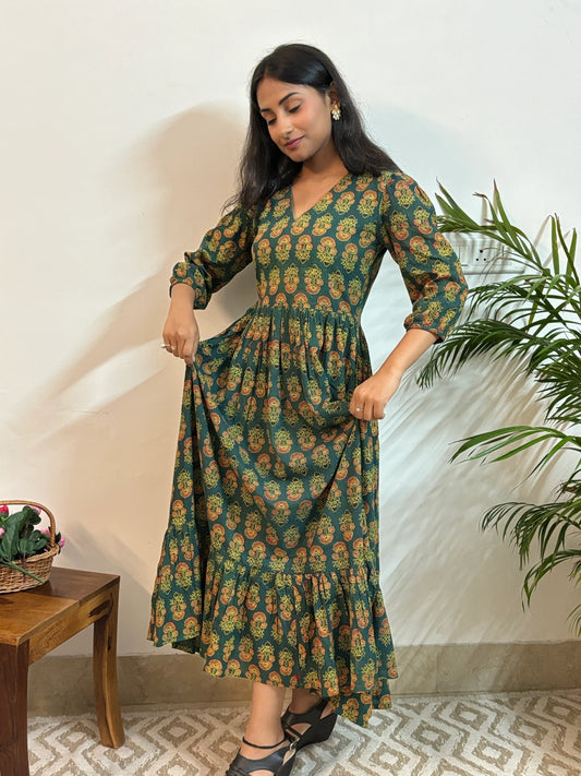 Green Ajrakh Hand Block PrintedTiered Dress