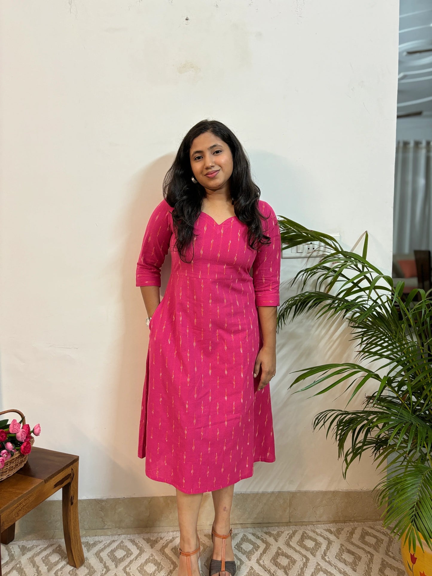 Ikkat Handloom Cotton Magenta A-Line Dress