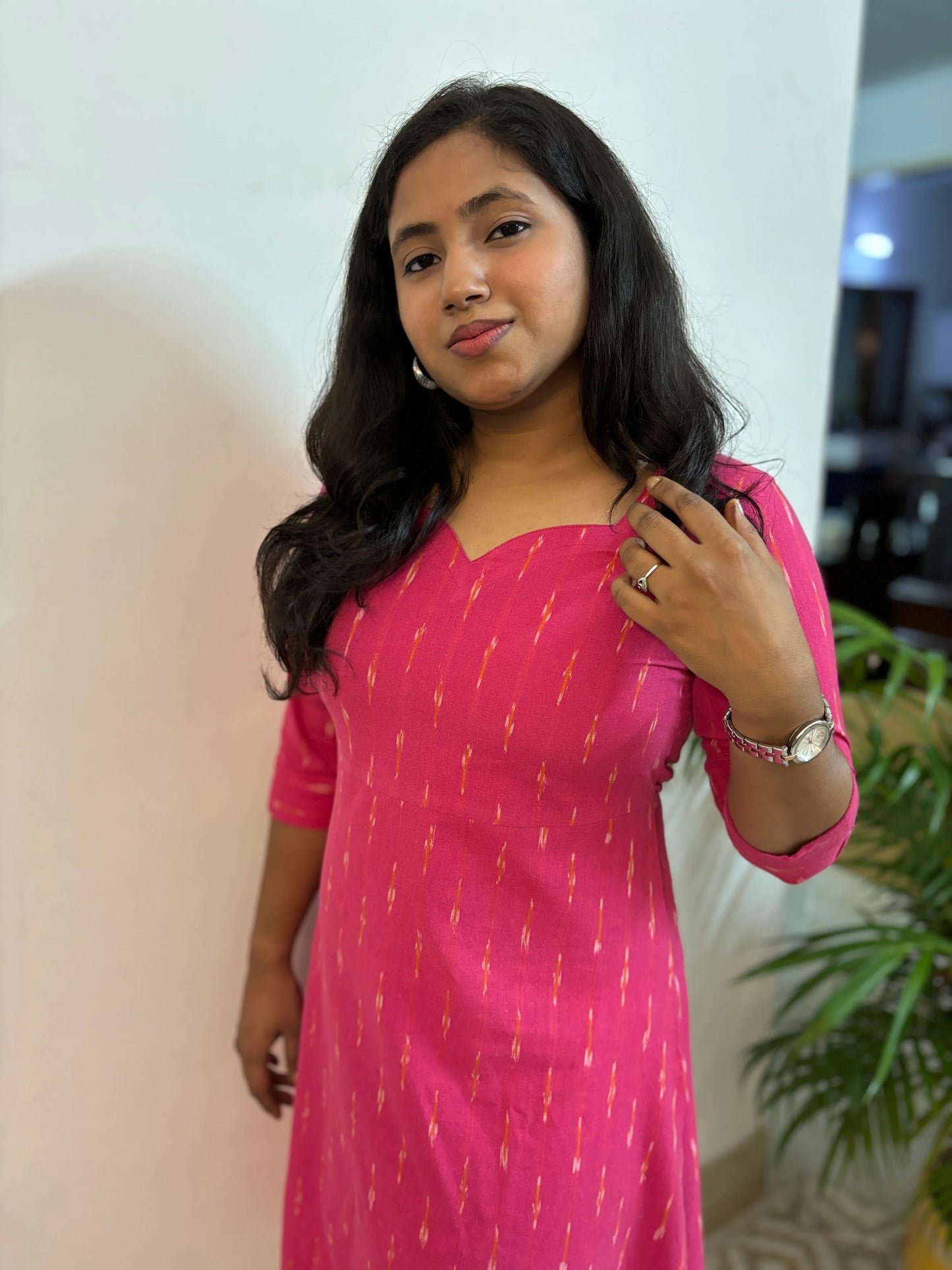 Ikkat Handloom Cotton Magenta A-Line Dress