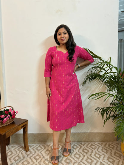 Ikkat Handloom Cotton Magenta A-Line Dress