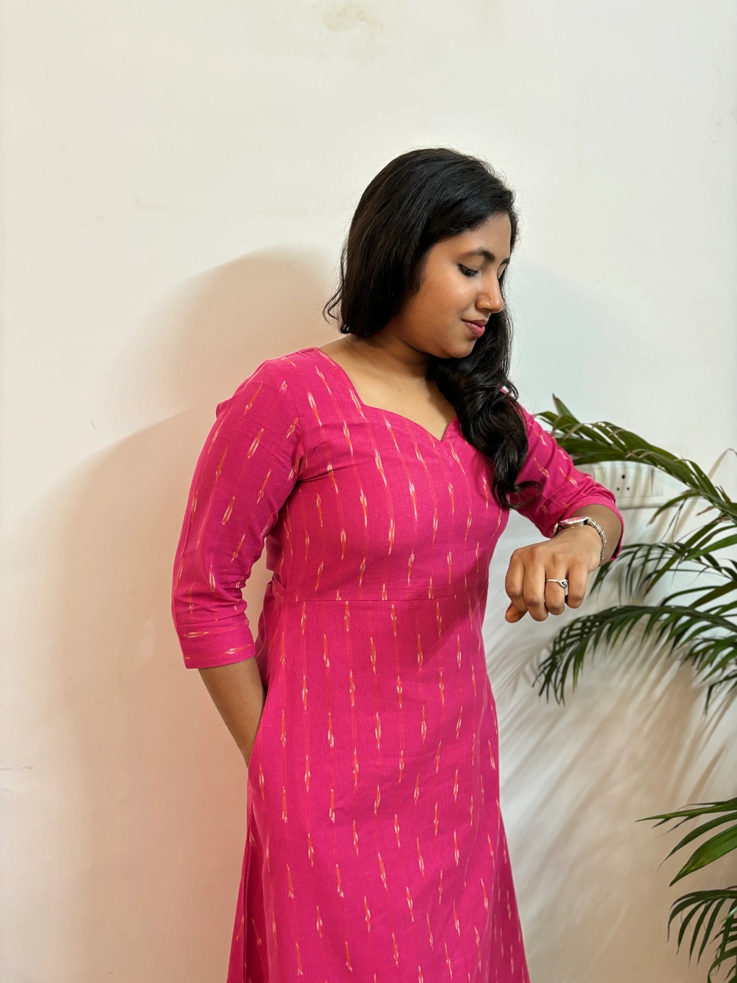 Ikkat Handloom Cotton Magenta A-Line Dress