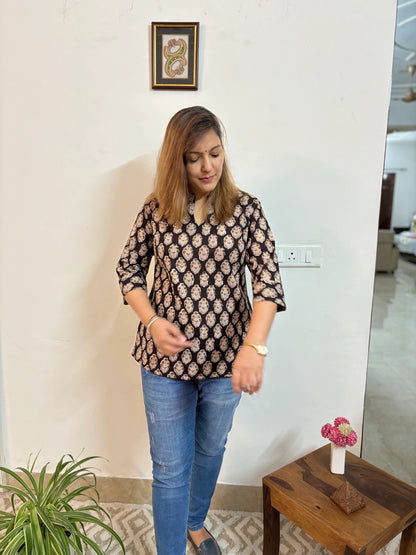 Ajrakh Hand Block Printed Collar Short Kurti