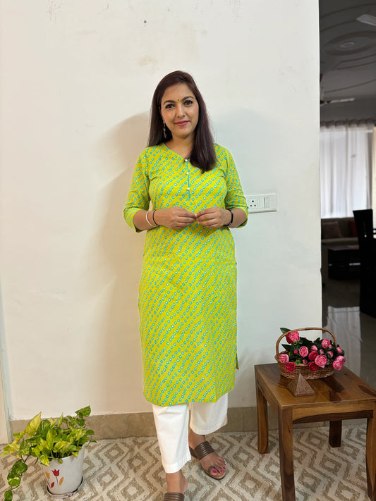 Parrot Green Pearl Cotton Long Kurta