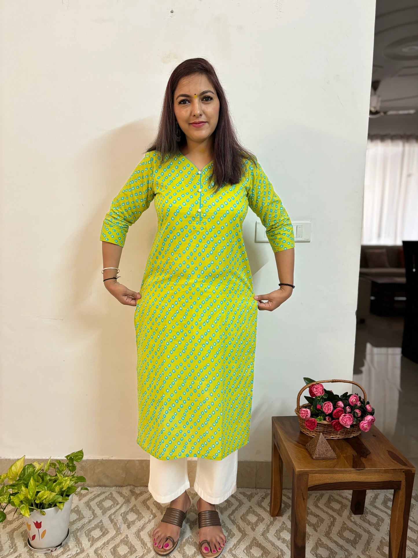 Parrot Green Pearl Cotton Long Kurta