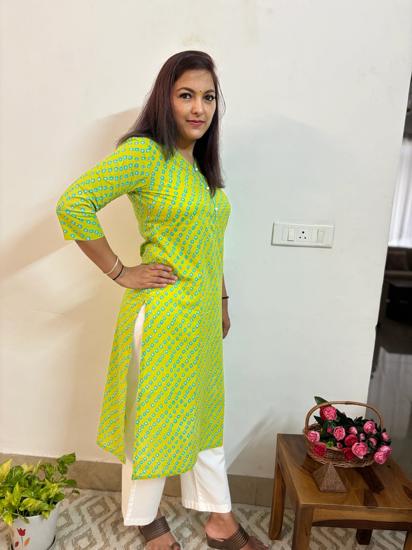 Parrot Green Pearl Cotton Long Kurta