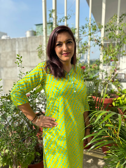 Parrot Green Pearl Cotton Long Kurta