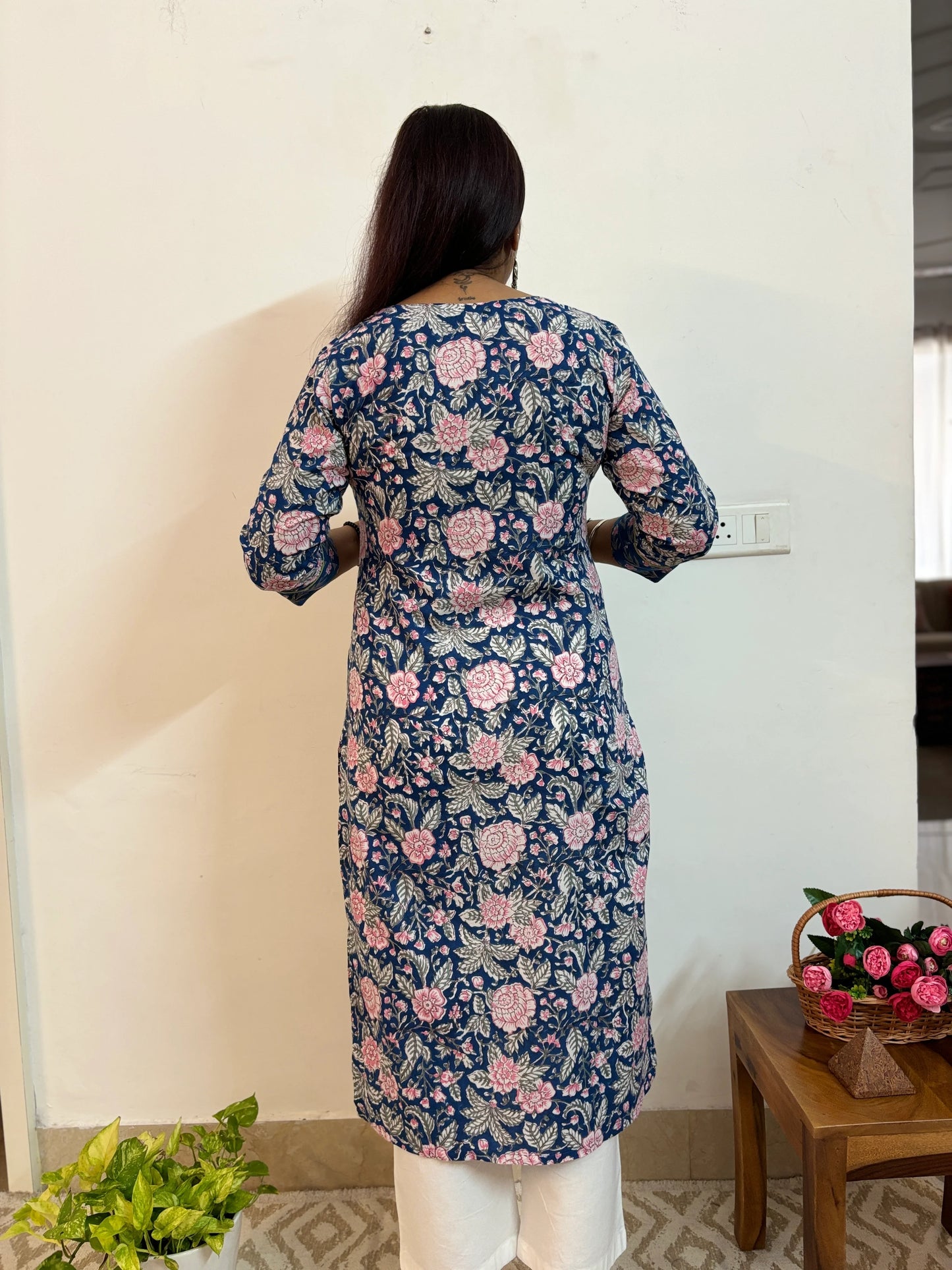 Blue Floral Block Printed Cotton Yoke Kurta