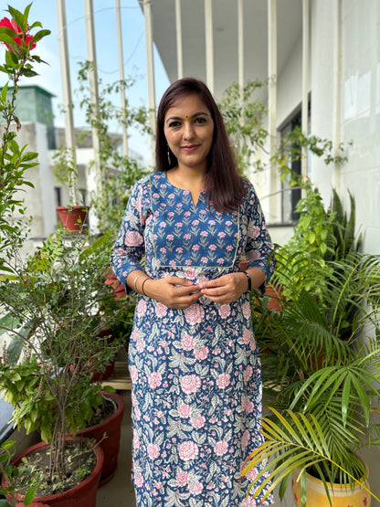 Blue Floral Block Printed Cotton Yoke Kurta