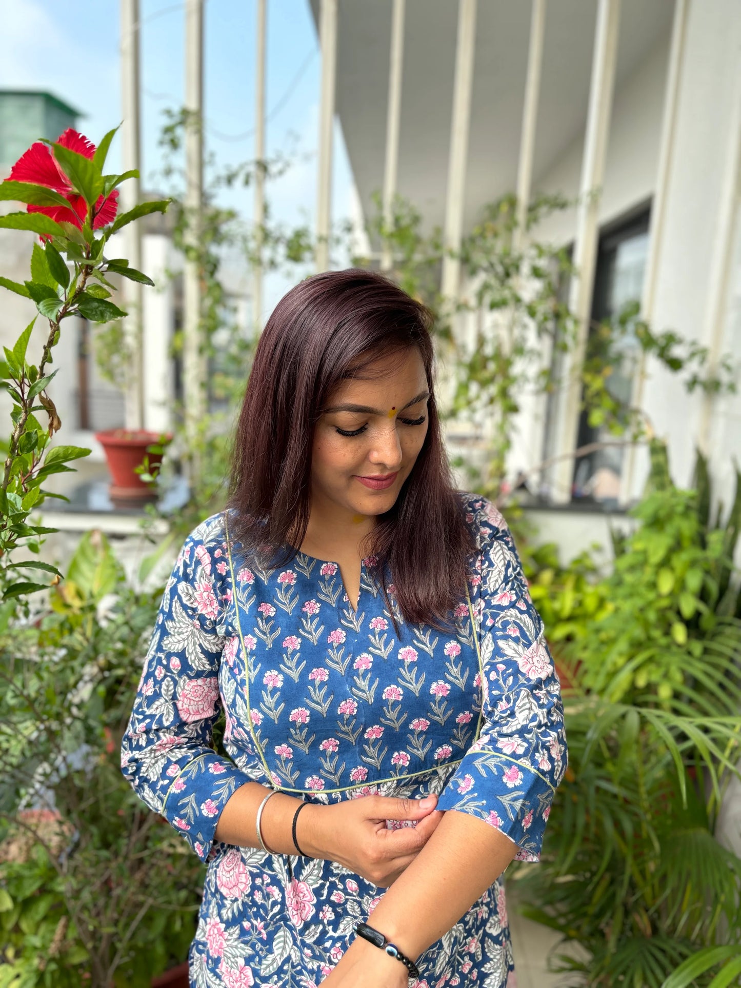 Blue Floral Block Printed Cotton Yoke Kurta