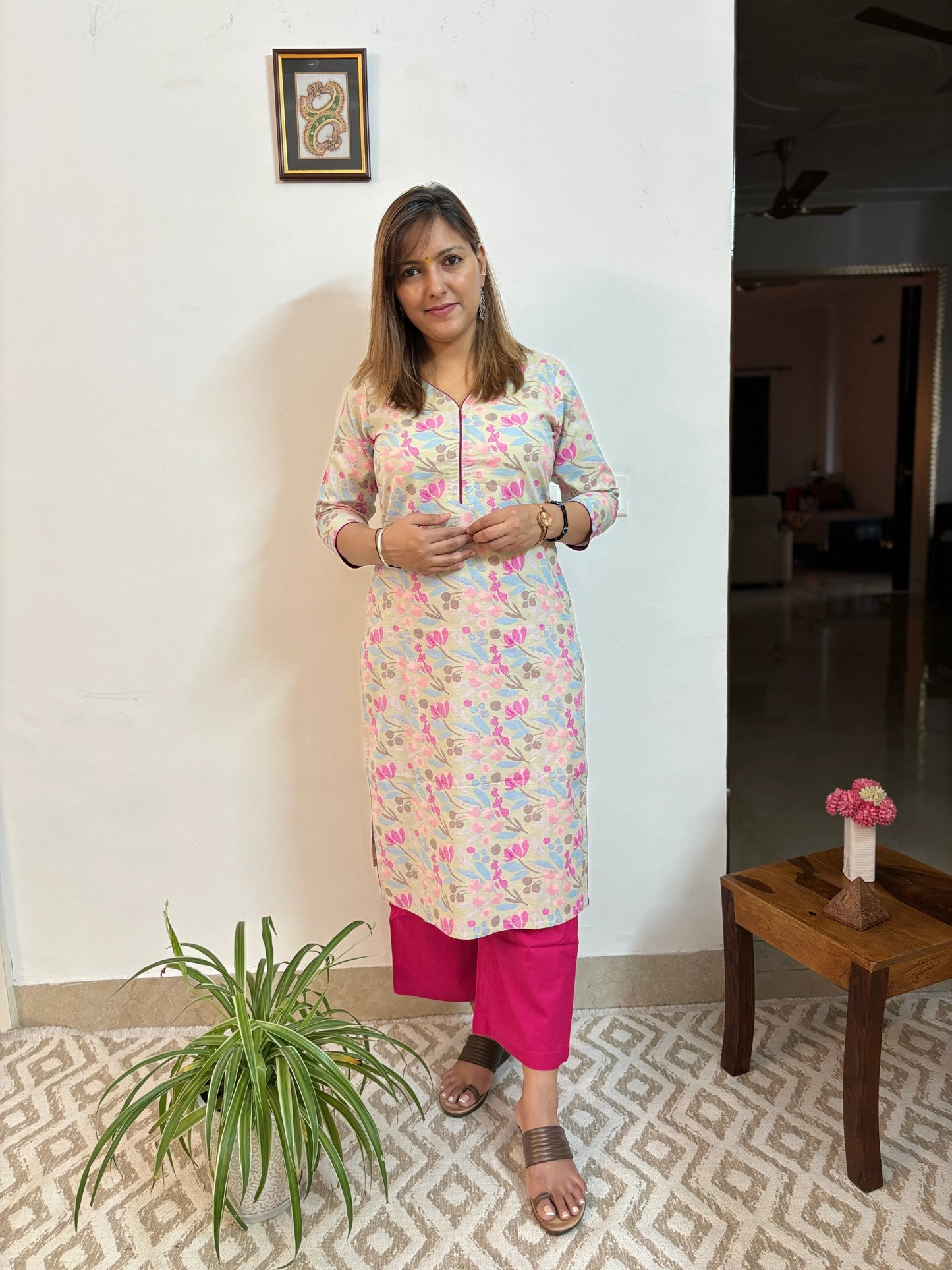 Pastel Green Floral Cotton Straight Kurta