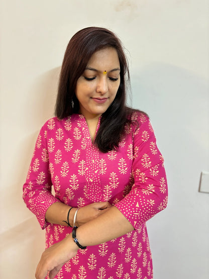 Deep Pink Motif Kurta and Pant Set