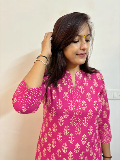 Deep Pink Motif Kurta and Pant Set