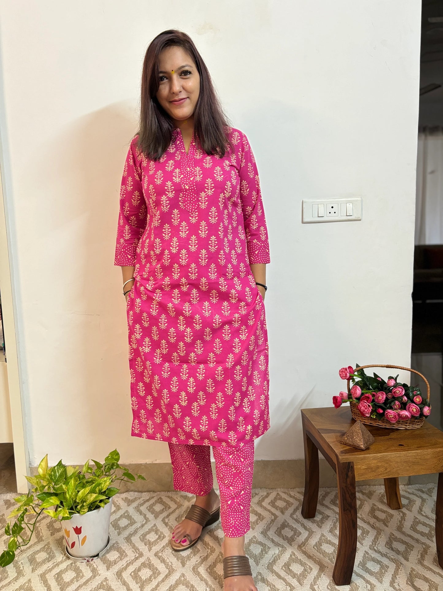 Deep Pink Motif Kurta and Pant Set