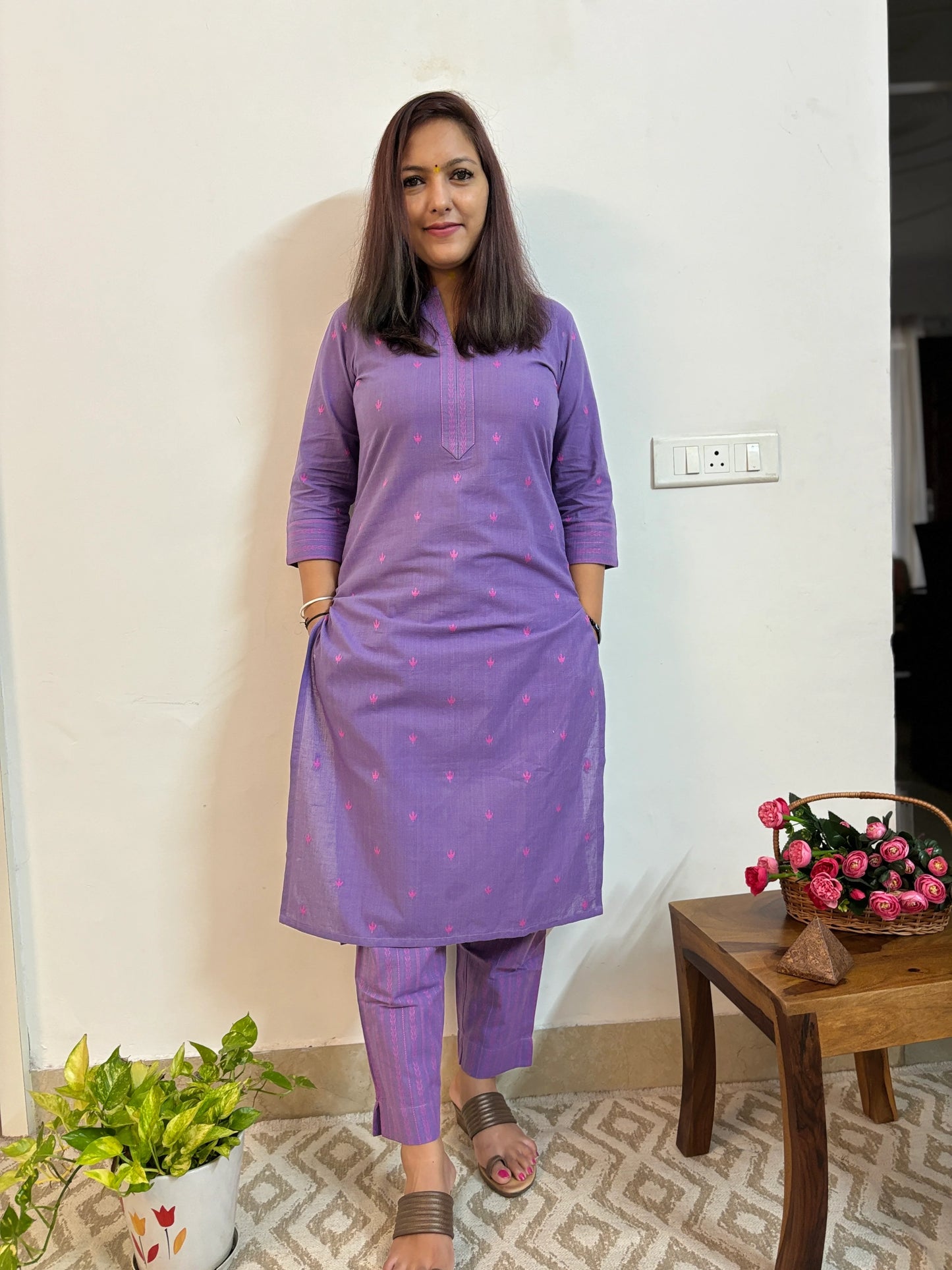 South Cotton Lavender Collar Kurta and Pant Set