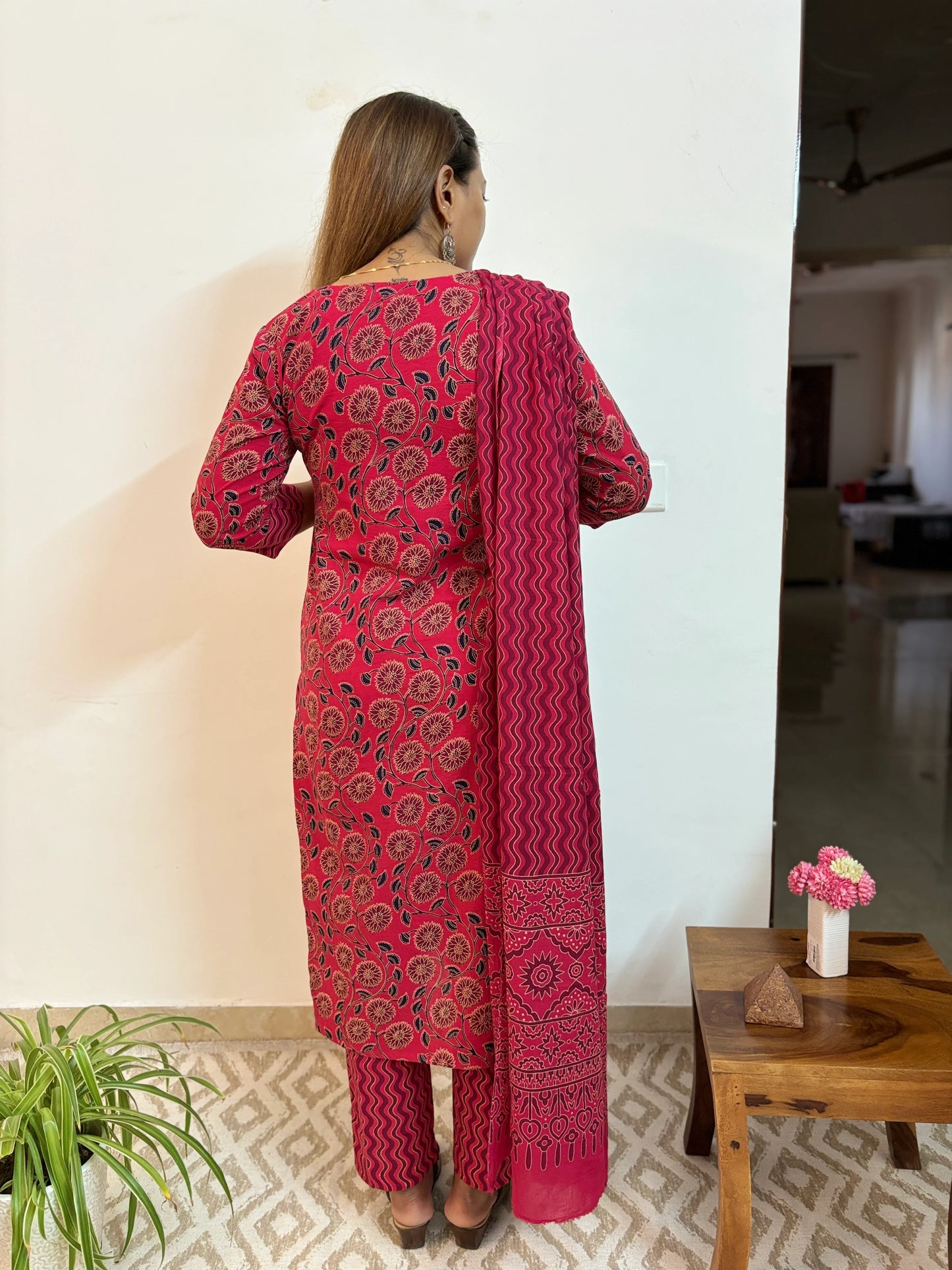 Firebrick Red Floral Cotton Suit Set