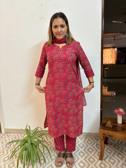 Firebrick Red Floral Cotton Suit Set