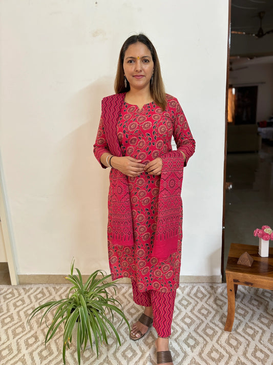 Firebrick Red Floral Cotton Suit Set