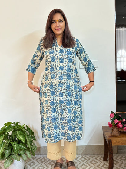 Bule Rose Hand Block Printed Collar Kurta