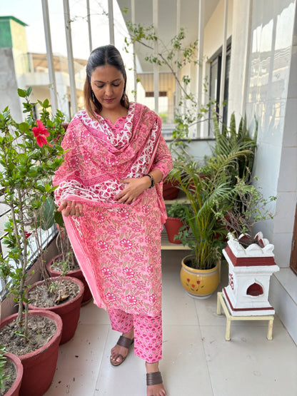 Pink Floral Cotton Suit Set