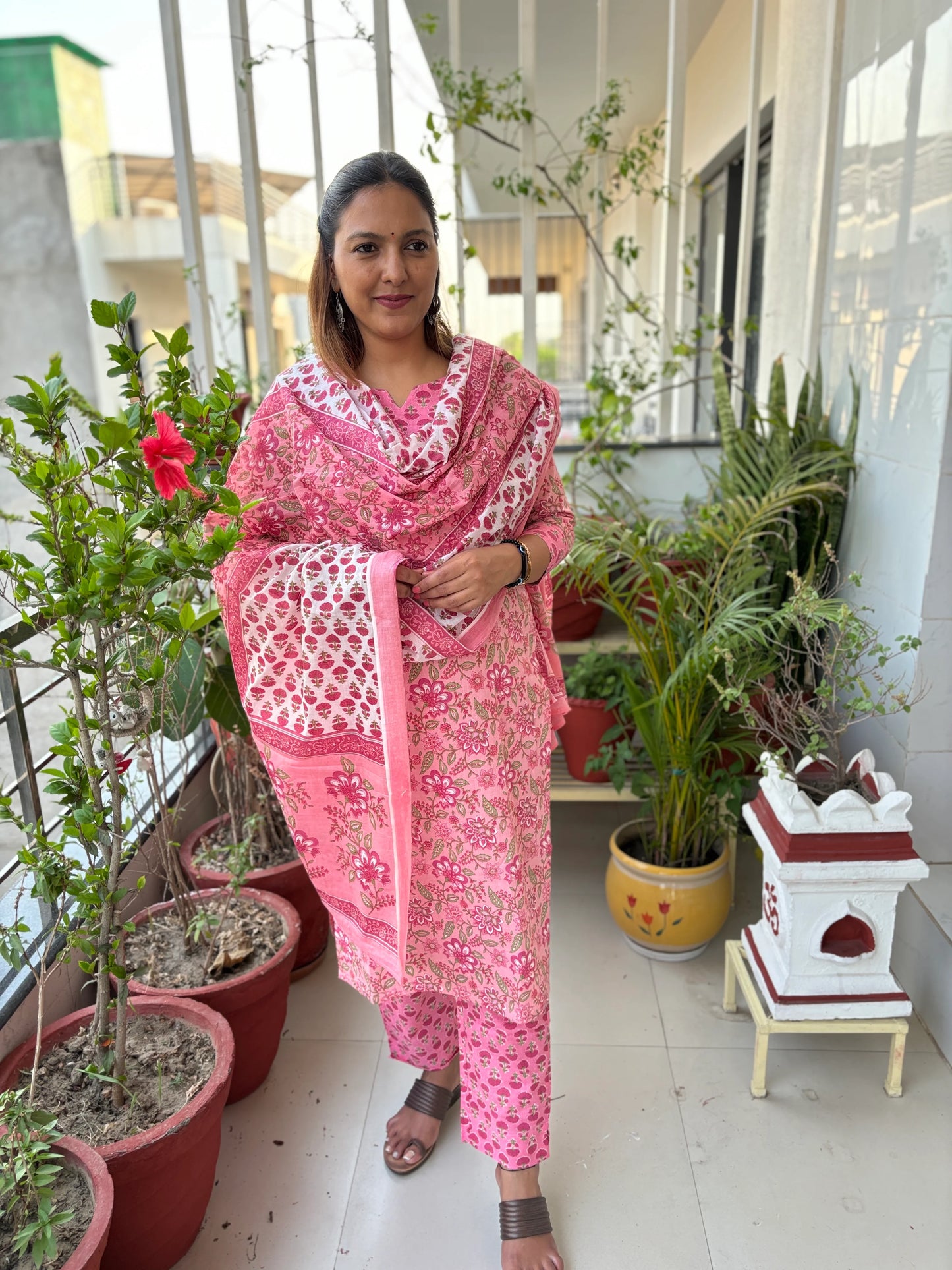 Pink Floral Cotton Suit Set