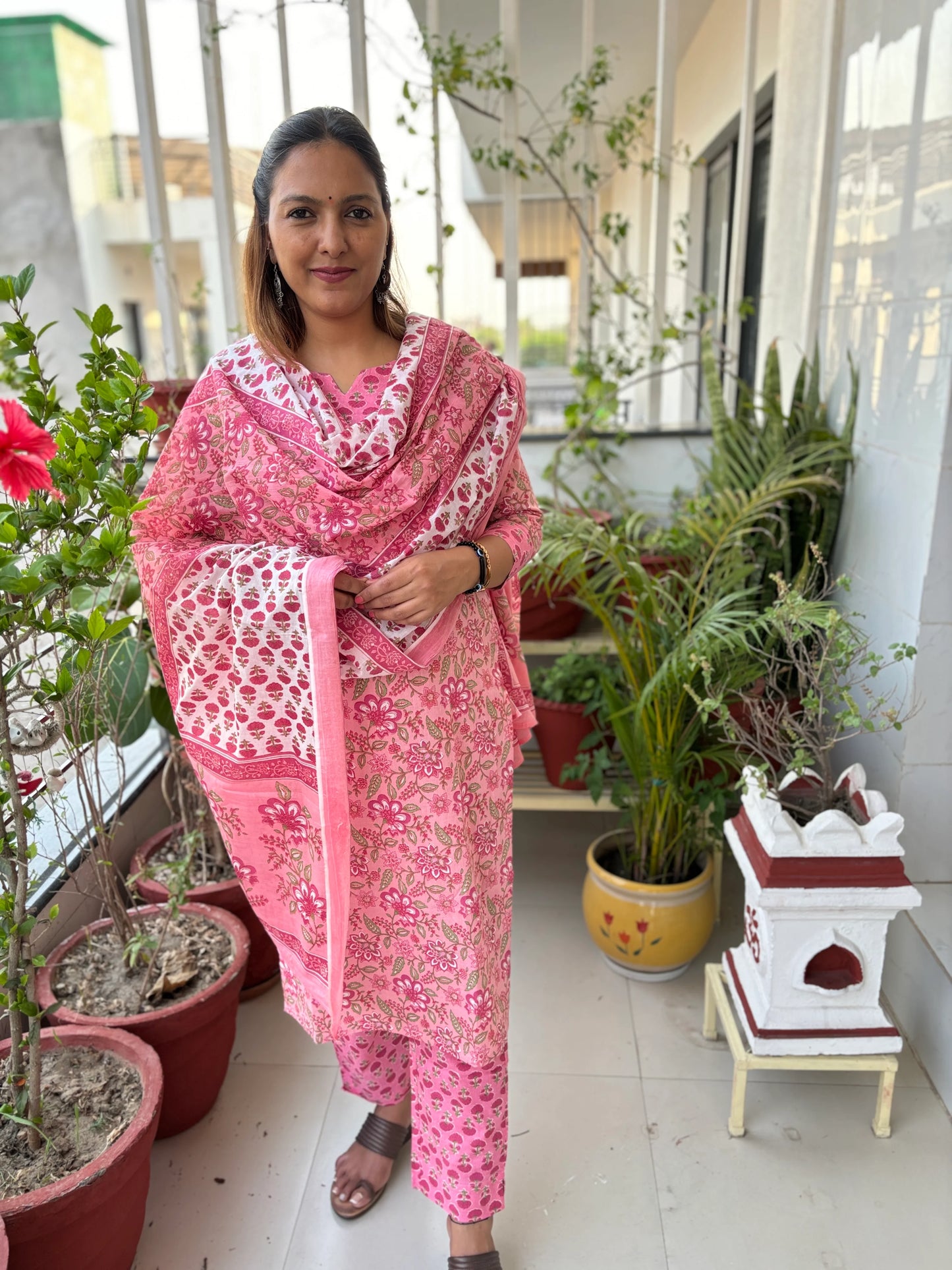 Pink Floral Cotton Suit Set