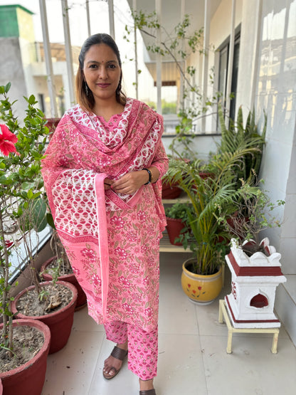 Pink Floral Yoke Cotton Straight Kurta