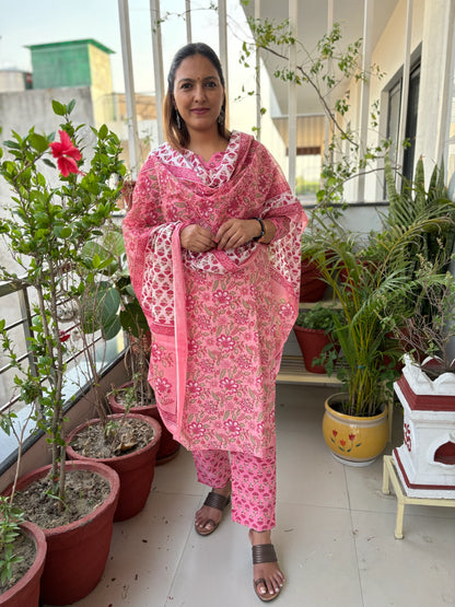 Pink Floral Yoke Cotton Straight Kurta