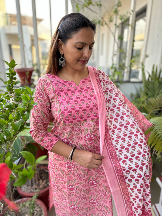 Pink Floral Cotton Suit Set