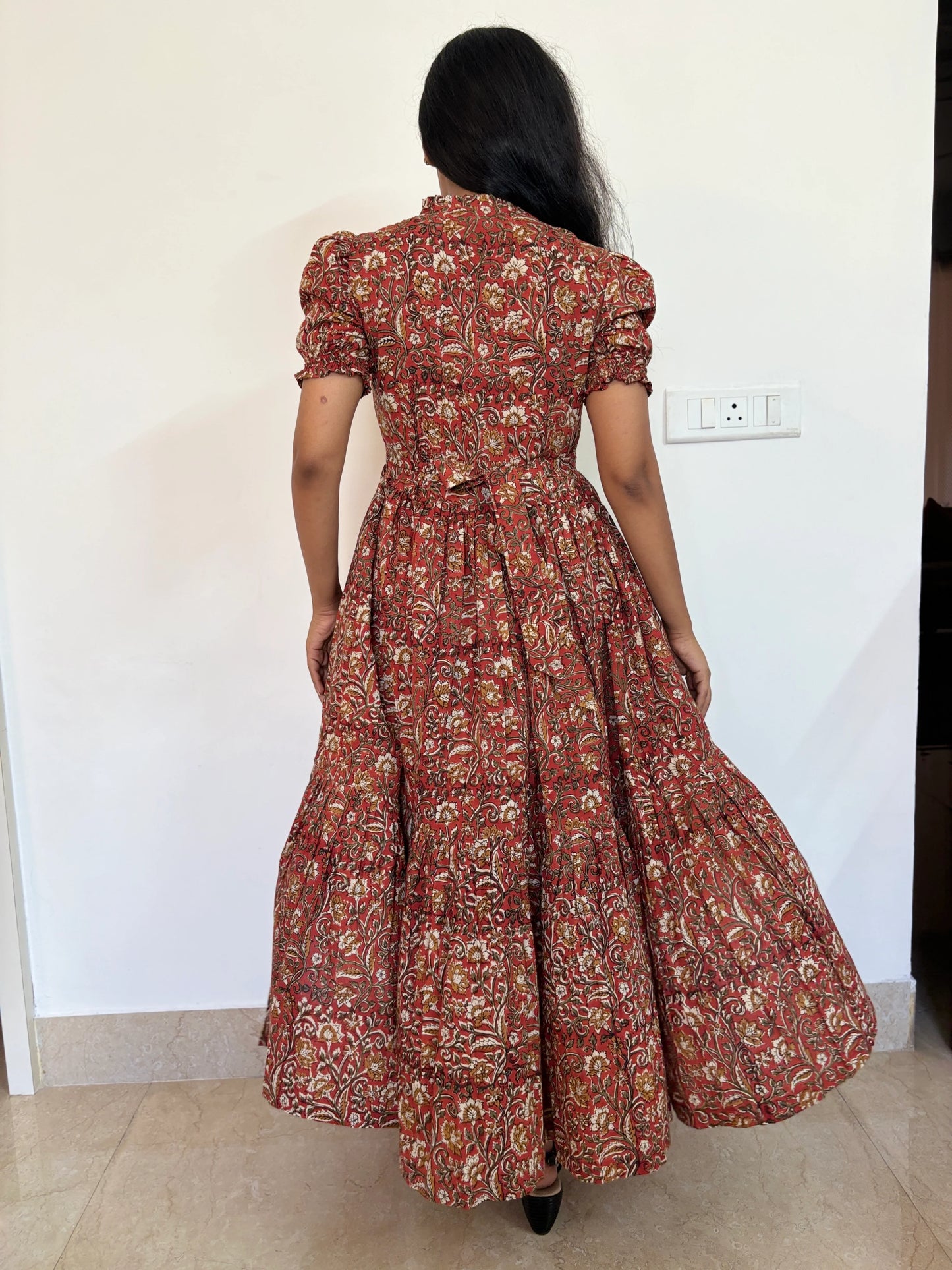 Ajrakh Golden Brown Kalamkari Tiered Dress