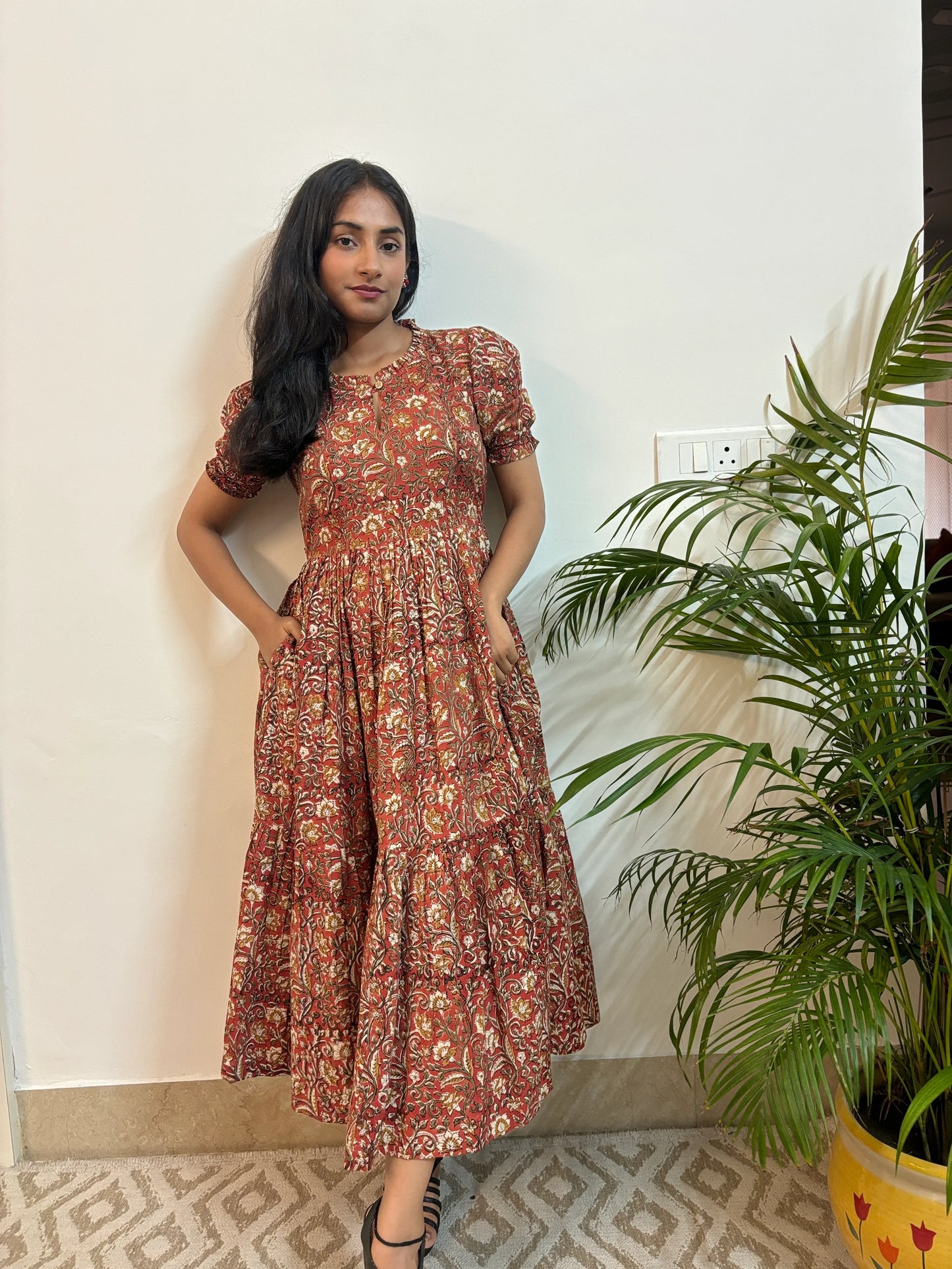 Ajrakh Golden Brown Kalamkari Tiered Dress