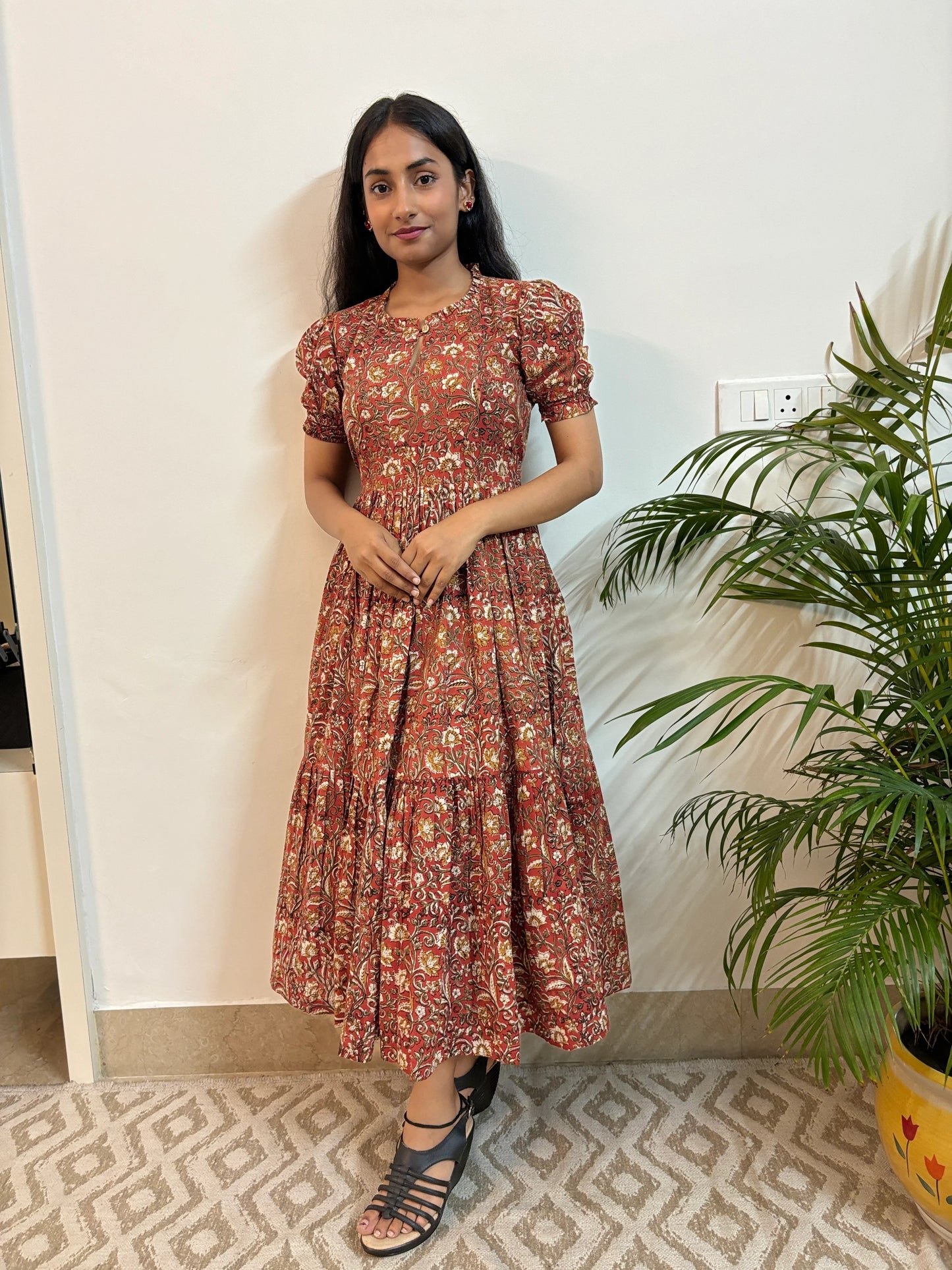 Ajrakh Golden Brown Kalamkari Tiered Dress