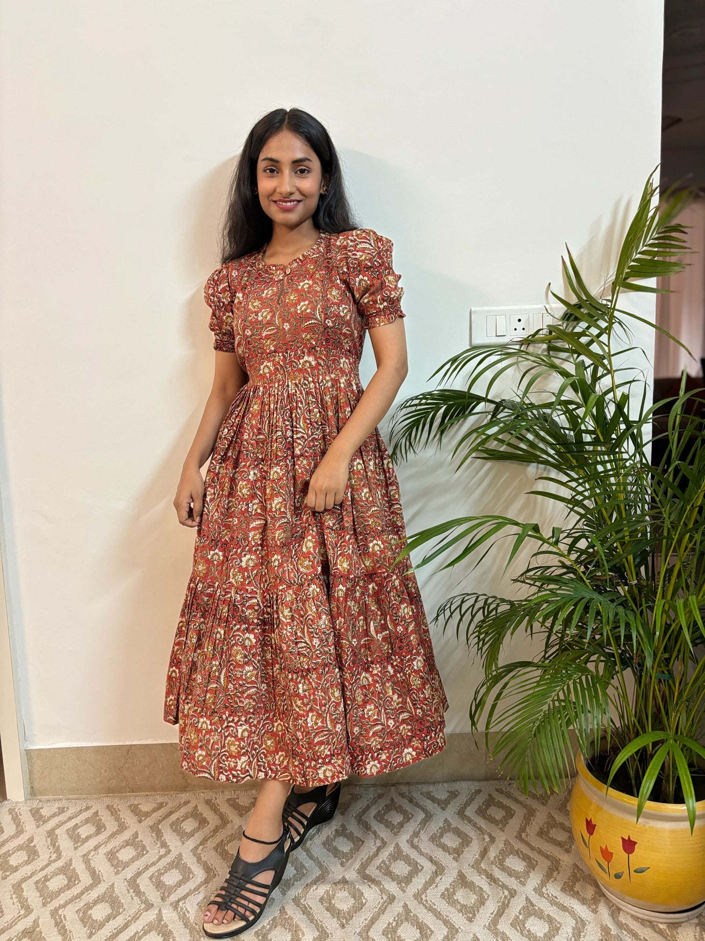 Ajrakh Golden Brown Kalamkari Tiered Dress