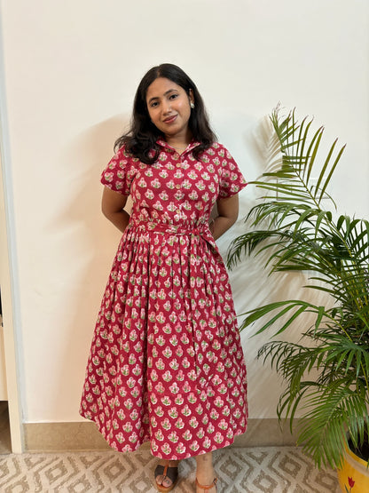 Carmine Red Hand Block Printed COTOTN Dress