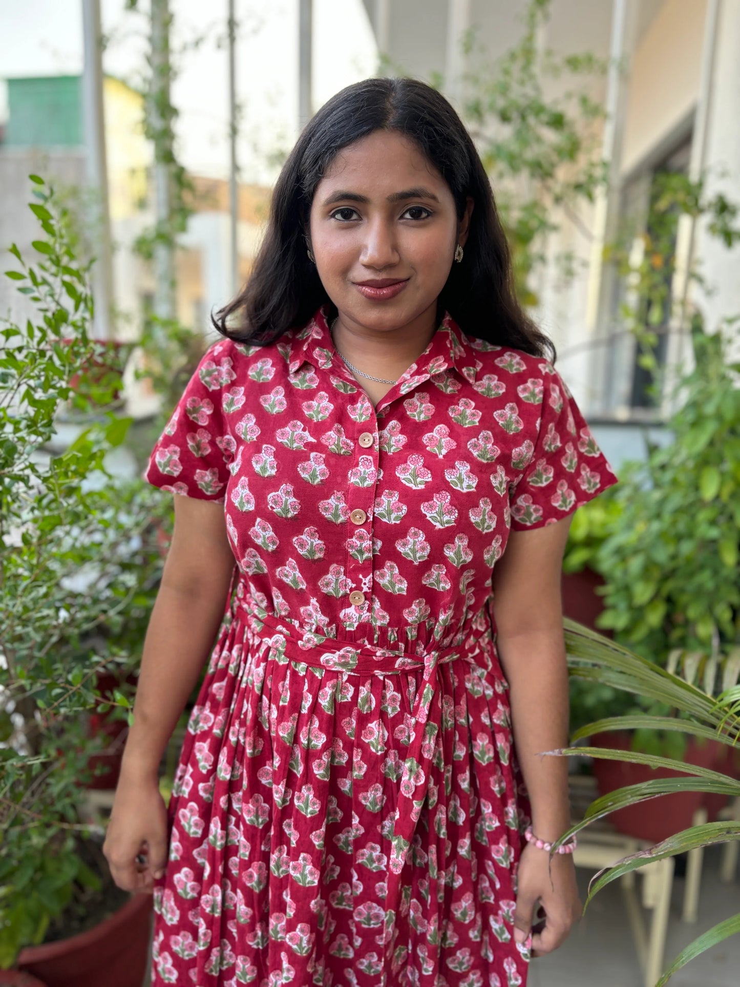 Carmine Red Hand Block Printed COTOTN Dress