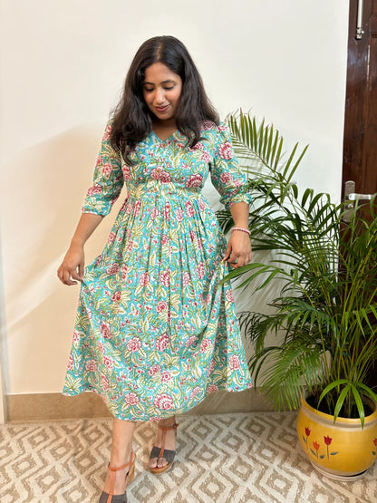 Turquoise Floral Block Printed COTTON Dress