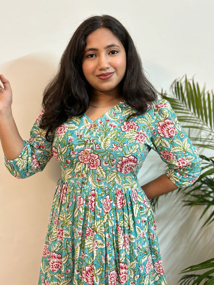 Turquoise Floral Block Printed COTTON Dress