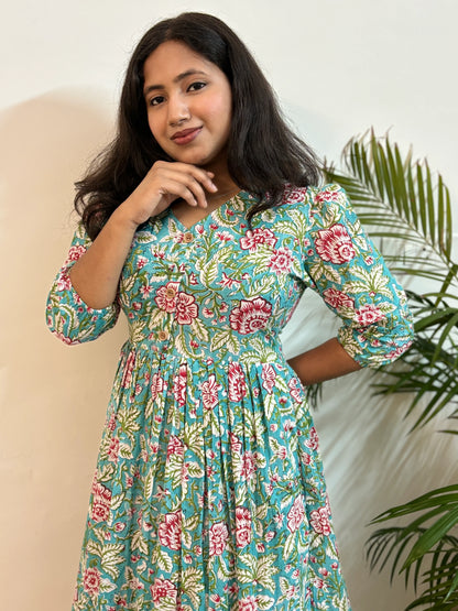 Turquoise Floral Block Printed COTTON Dress