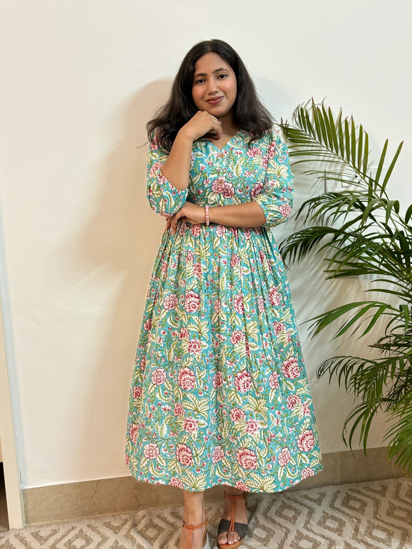 Turquoise Floral Block Printed COTTON Dress