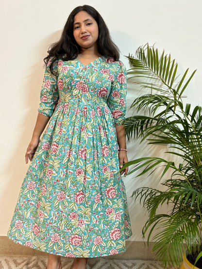 Turquoise Floral Block Printed COTTON Dress