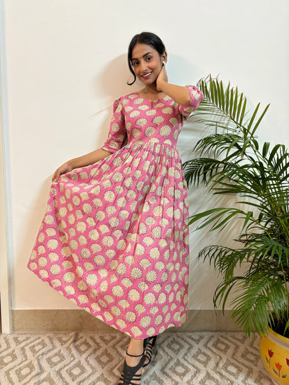 Pink Peacock Hand Block Printed Dress