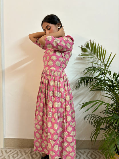 Pink Peacock Hand Block Printed Dress