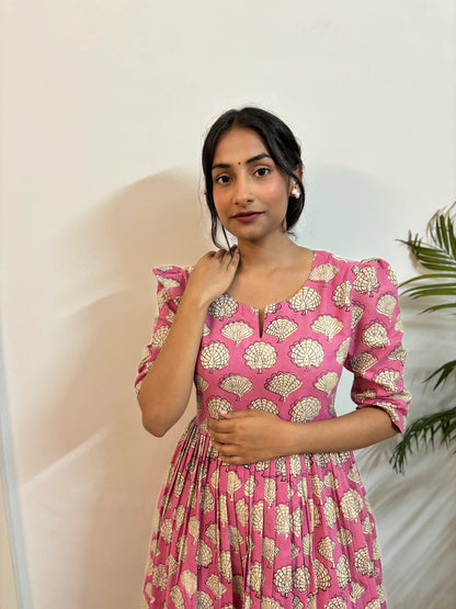 Pink Peacock Hand Block Printed Dress