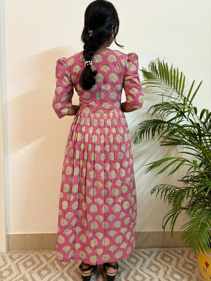 Pink Peacock Hand Block Printed Dress