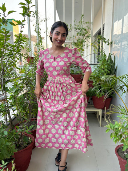 Pink Peacock Hand Block Printed Dress