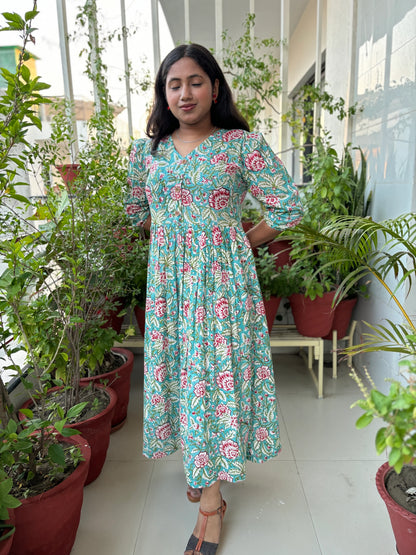 Turquoise Floral Block Printed COTTON Dress